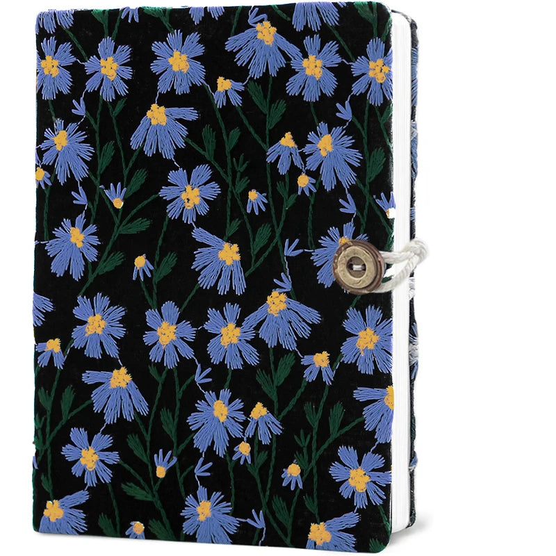 Hand-Embroidered Daisy Notebook Black with Blue A5 & A6