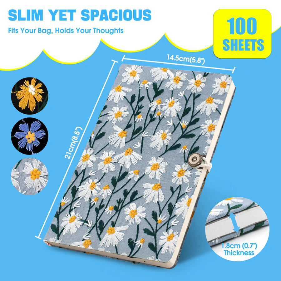Hand-Embroidered Daisy Notebook Grey A5 & A6