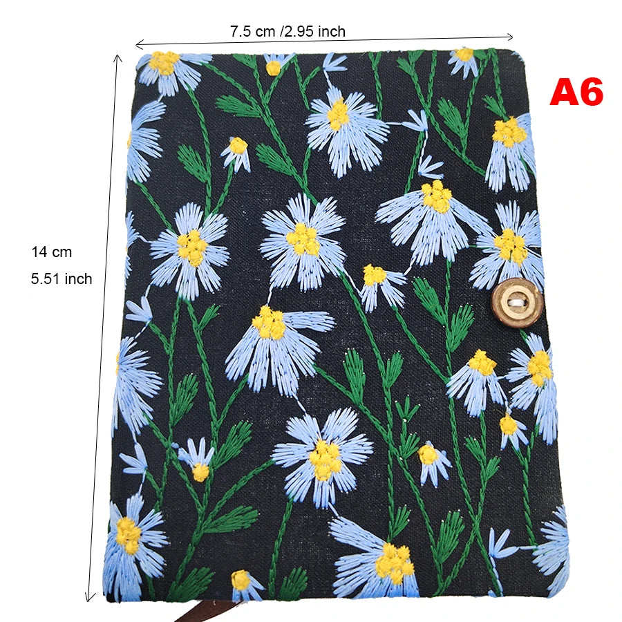 Hand-Embroidered Daisy Notebook Black with Blue A5 & A6