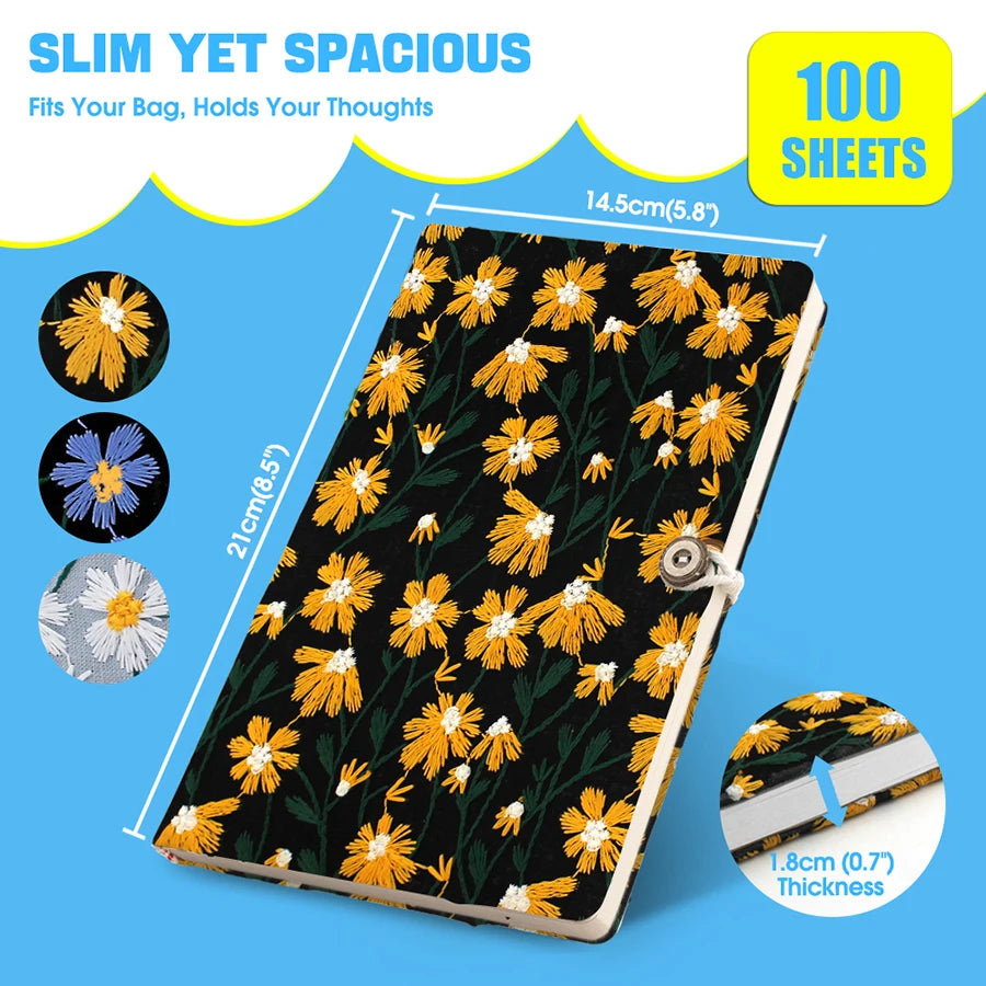 Hand-Embroidered Daisy Notebook Black with Yellow A5 & A6