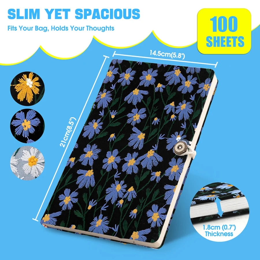 Hand-Embroidered Daisy Notebook Black with Blue A5 & A6