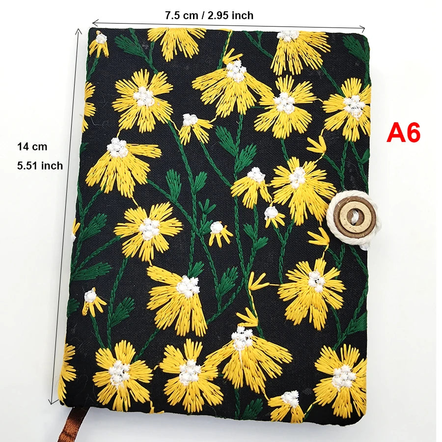 Hand-Embroidered Daisy Notebook Black with Yellow A5 & A6