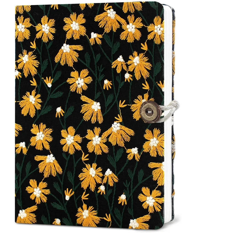 Hand-Embroidered Daisy Notebook Black with Yellow A5 & A6